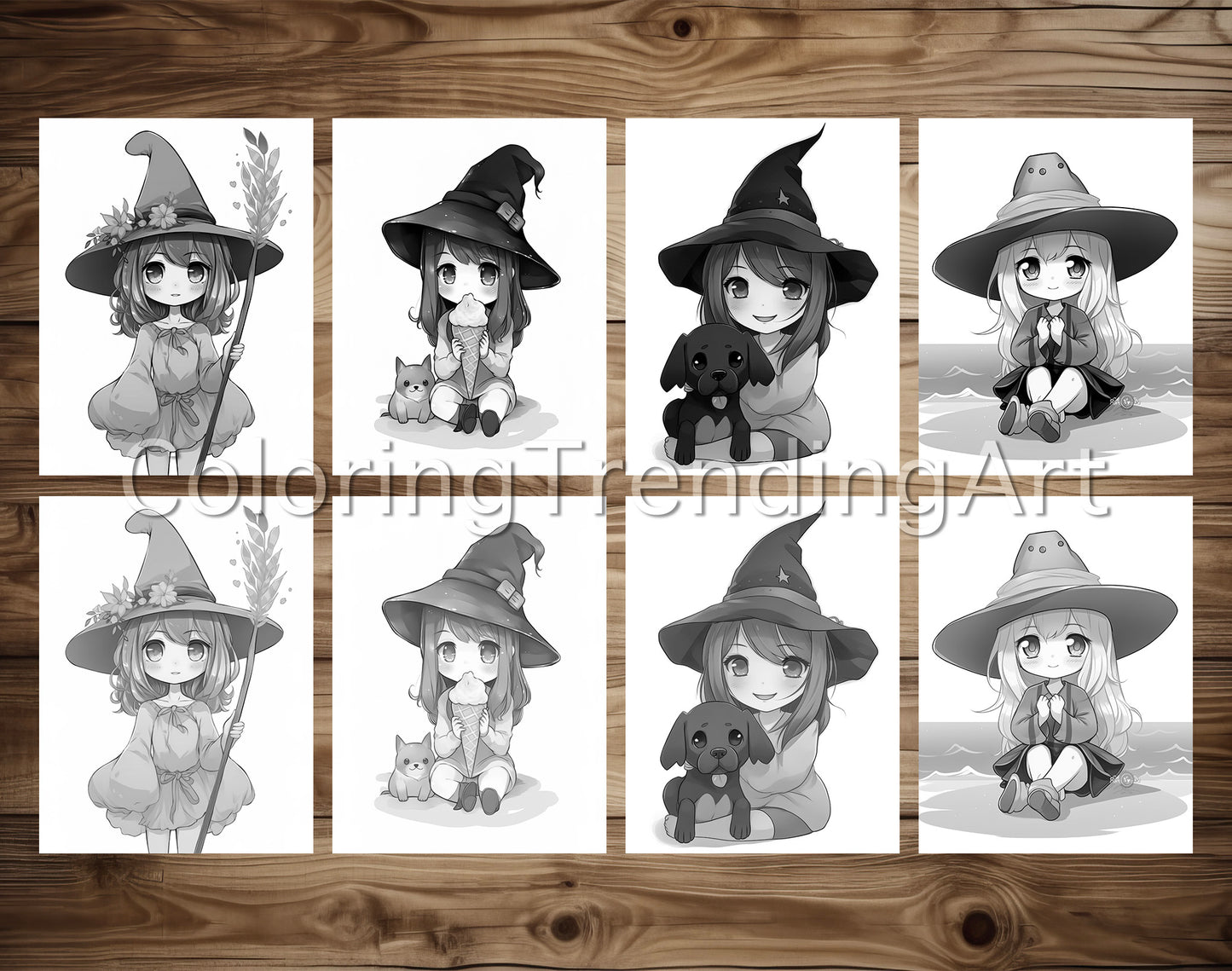 25 Chibi Cute Witch Grayscale Coloring Pages - Instant Download - Printable PDF Dark/Light – preview 6