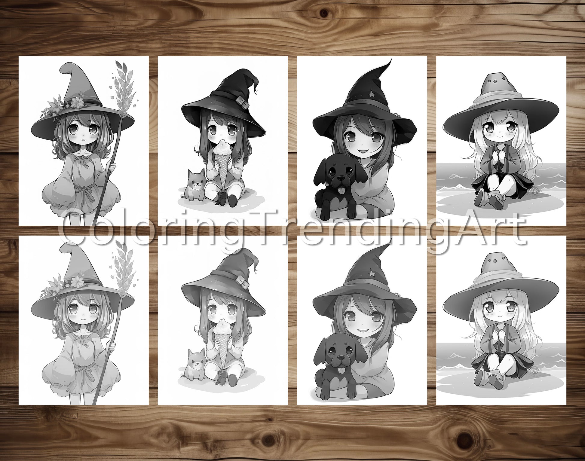 25 Chibi Cute Witch Grayscale Coloring Pages - Instant Download - Printable PDF Dark/Light – preview 6