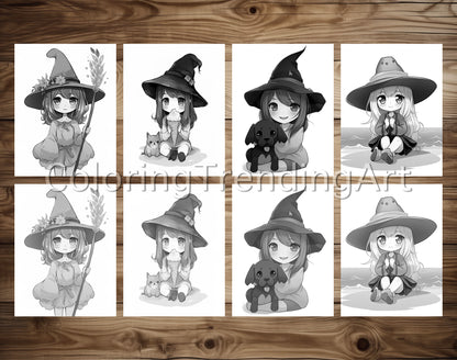 25 Chibi Cute Witch Grayscale Coloring Pages - Instant Download - Printable PDF Dark/Light – preview 6