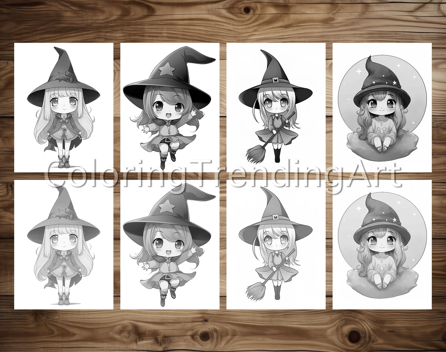 25 Chibi Cute Witch Grayscale Coloring Pages - Instant Download - Printable PDF Dark/Light – preview 7