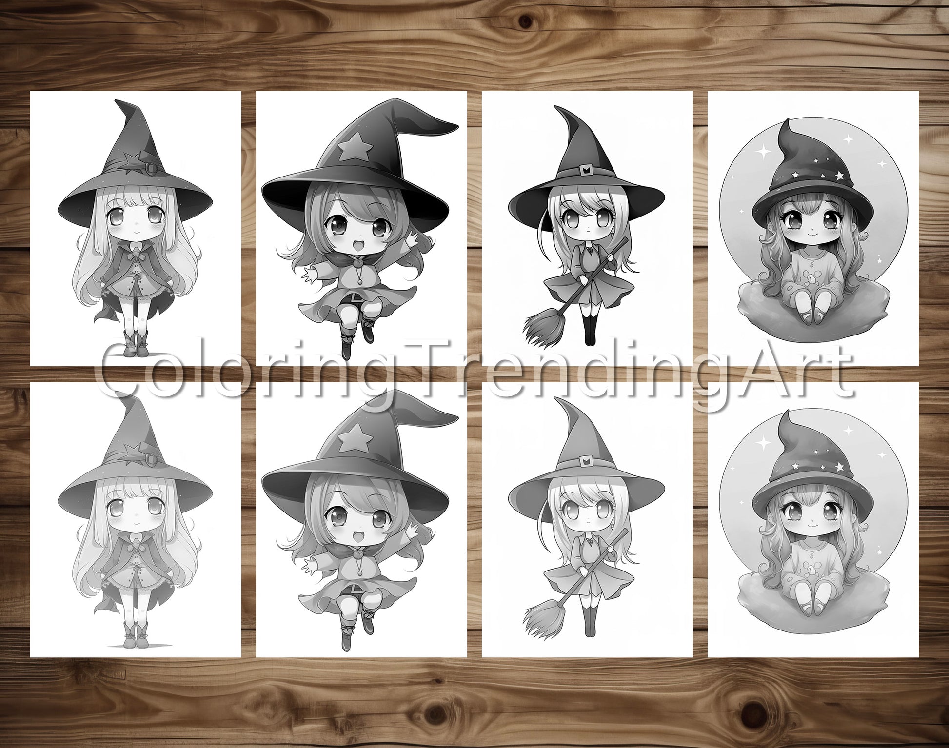 25 Chibi Cute Witch Grayscale Coloring Pages - Instant Download - Printable PDF Dark/Light – preview 7