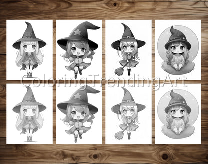 25 Chibi Cute Witch Grayscale Coloring Pages - Instant Download - Printable PDF Dark/Light – preview 7