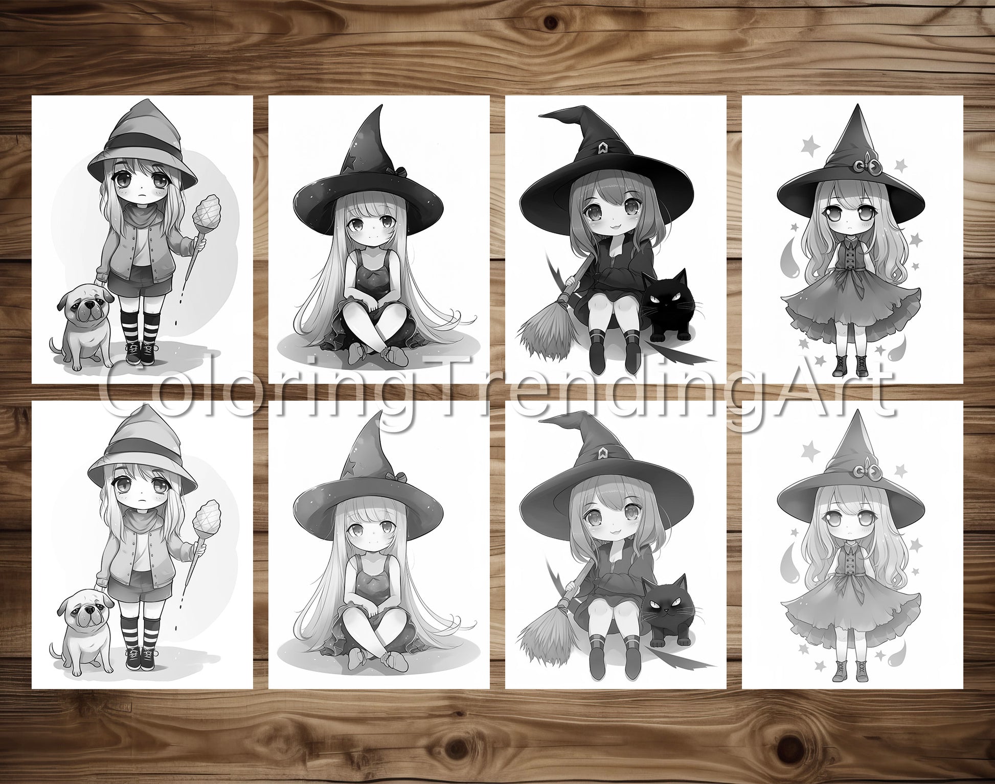 25 Chibi Cute Witch Grayscale Coloring Pages - Instant Download - Printable PDF Dark/Light – preview 8