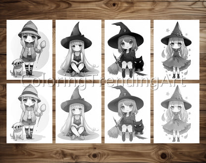 25 Chibi Cute Witch Grayscale Coloring Pages - Instant Download - Printable PDF Dark/Light – preview 8
