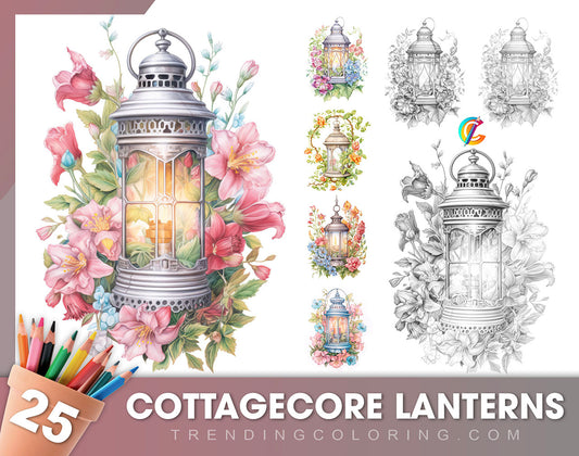 25 Cottagecore Lanterns Grayscale Coloring Pages - Instant Download - Printable PDF Dark/Light