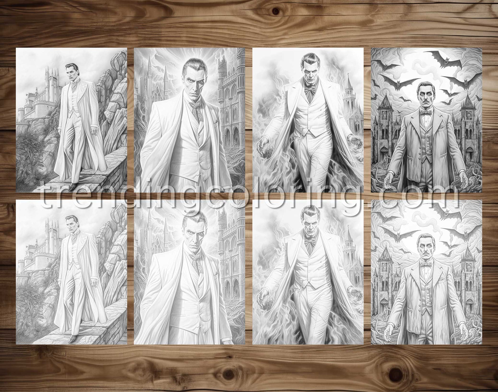 25 Count Dracula Grayscale Coloring Pages - Halloween Coloring - Instant Download - Printable PDF Dark/Light – preview 3