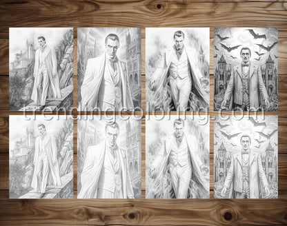 25 Count Dracula Grayscale Coloring Pages - Halloween Coloring - Instant Download - Printable PDF Dark/Light – preview 3