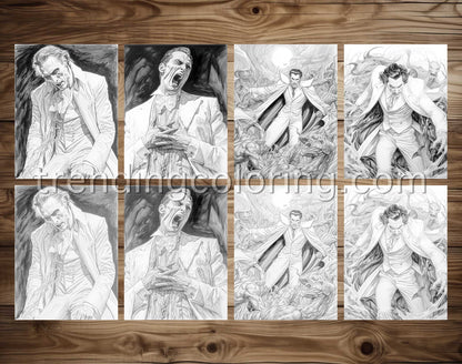 25 Count Dracula Grayscale Coloring Pages - Halloween Coloring - Instant Download - Printable PDF Dark/Light – preview 4