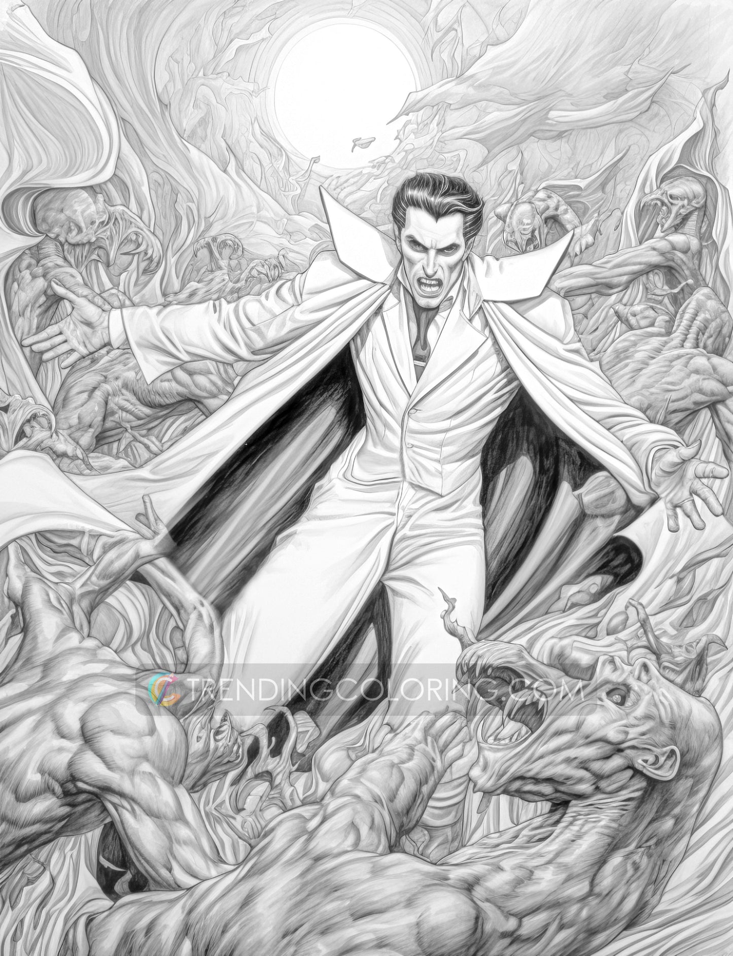 25 Count Dracula Grayscale Coloring Pages - Halloween Coloring - Instant Download - Printable PDF Dark/Light – preview 6