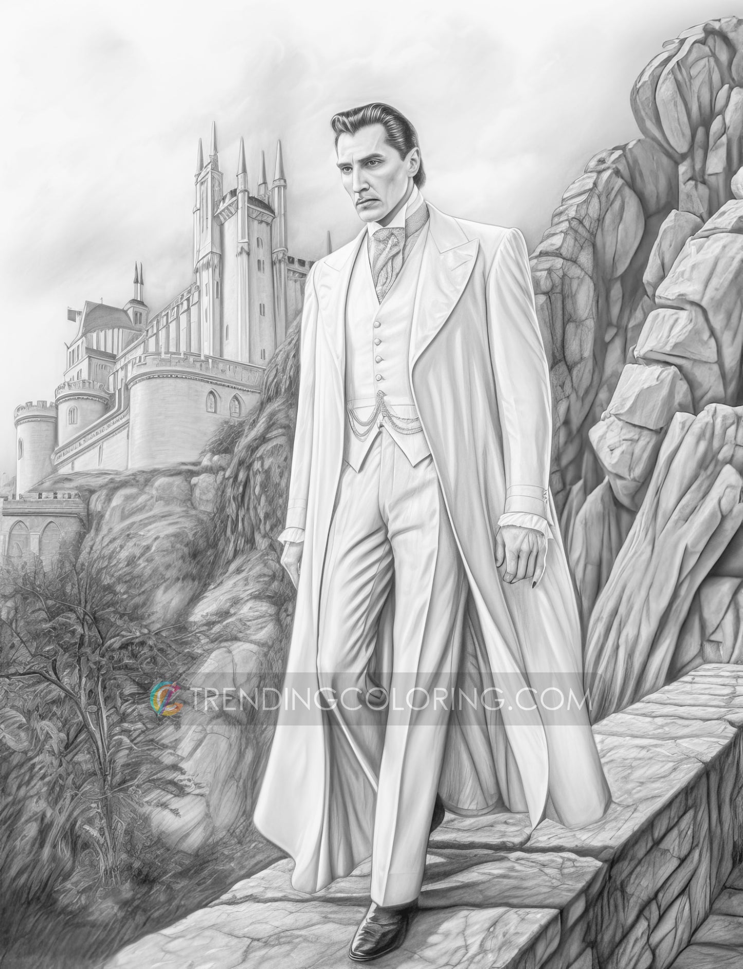 25 Count Dracula Grayscale Coloring Pages - Halloween Coloring - Instant Download - Printable PDF Dark/Light – preview 8