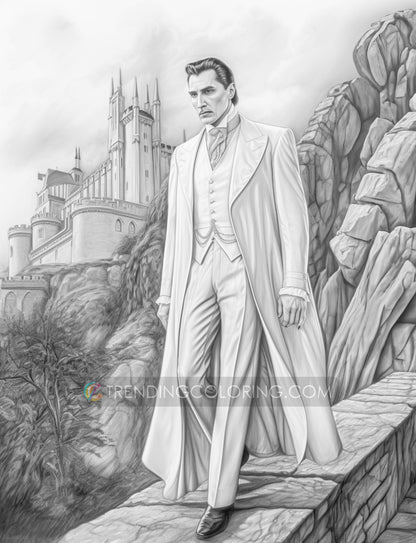 25 Count Dracula Grayscale Coloring Pages - Halloween Coloring - Instant Download - Printable PDF Dark/Light – preview 8