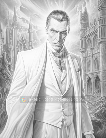 25 Count Dracula Grayscale Coloring Pages - Halloween Coloring - Instant Download - Printable PDF Dark/Light – preview 9