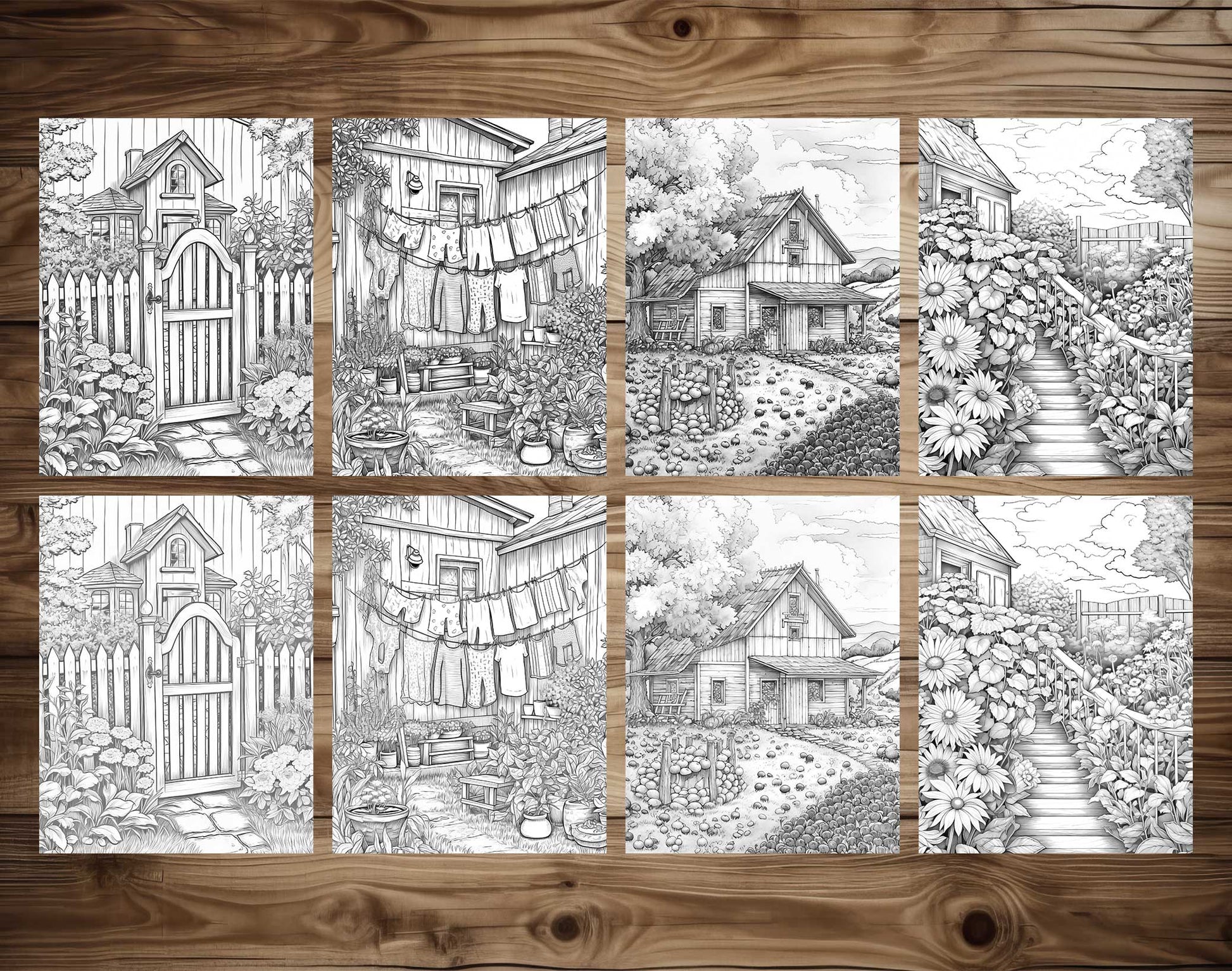 25 Country Dreams Grayscale Coloring Pages - Instant Download - Printable PDF Dark/Light – preview 6