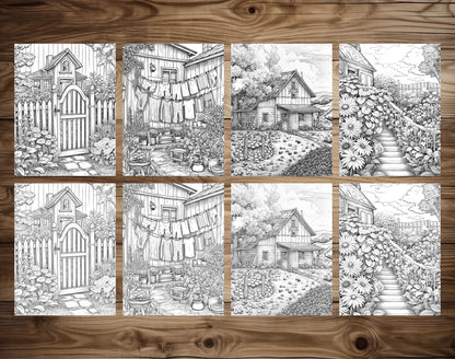 25 Country Dreams Grayscale Coloring Pages - Instant Download - Printable PDF Dark/Light – preview 6
