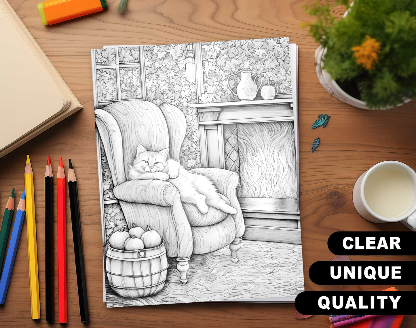 25 Cozy House Interior Grayscale Coloring Pages - Instant Download - Printable PDF Dark/Light – preview 3