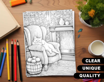 25 Cozy House Interior Grayscale Coloring Pages - Instant Download - Printable PDF Dark/Light – preview 3