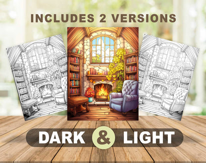 25 Cozy House Interior Grayscale Coloring Pages - Instant Download - Printable PDF Dark/Light – preview 4