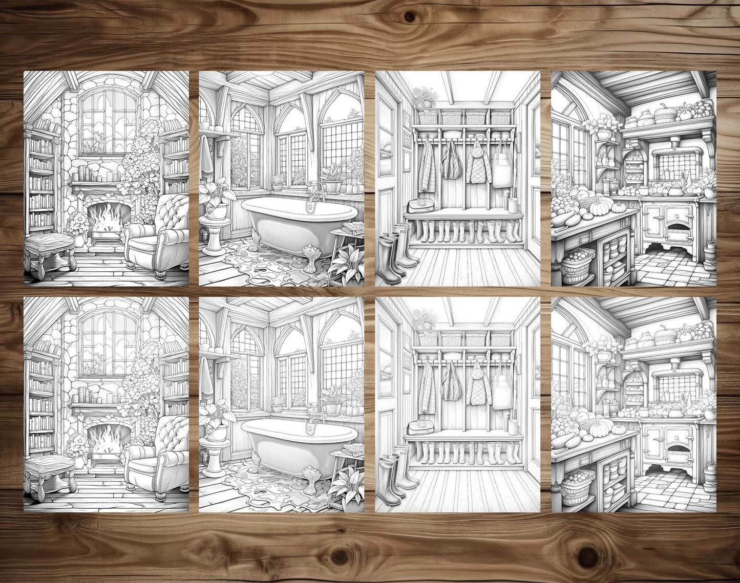25 Cozy House Interior Grayscale Coloring Pages - Instant Download - Printable PDF Dark/Light – preview 6