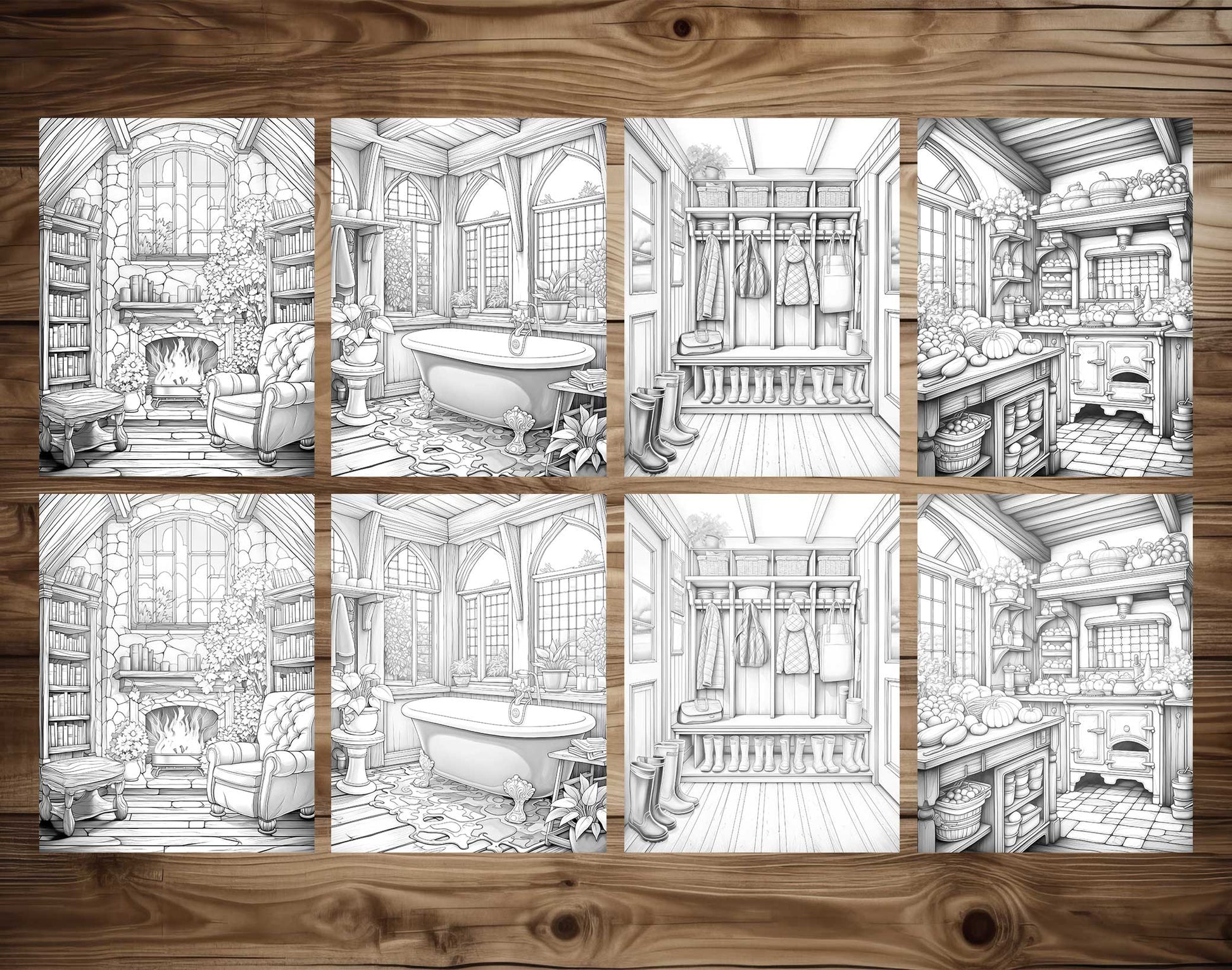 25 Cozy House Interior Grayscale Coloring Pages - Instant Download - Printable PDF Dark/Light – preview 6
