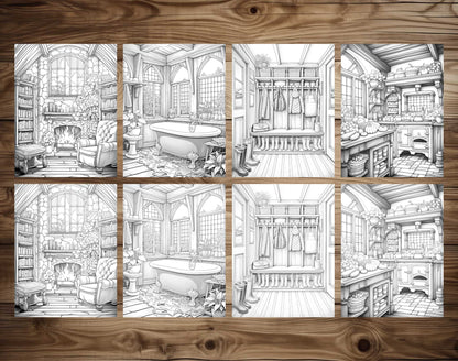 25 Cozy House Interior Grayscale Coloring Pages - Instant Download - Printable PDF Dark/Light – preview 6