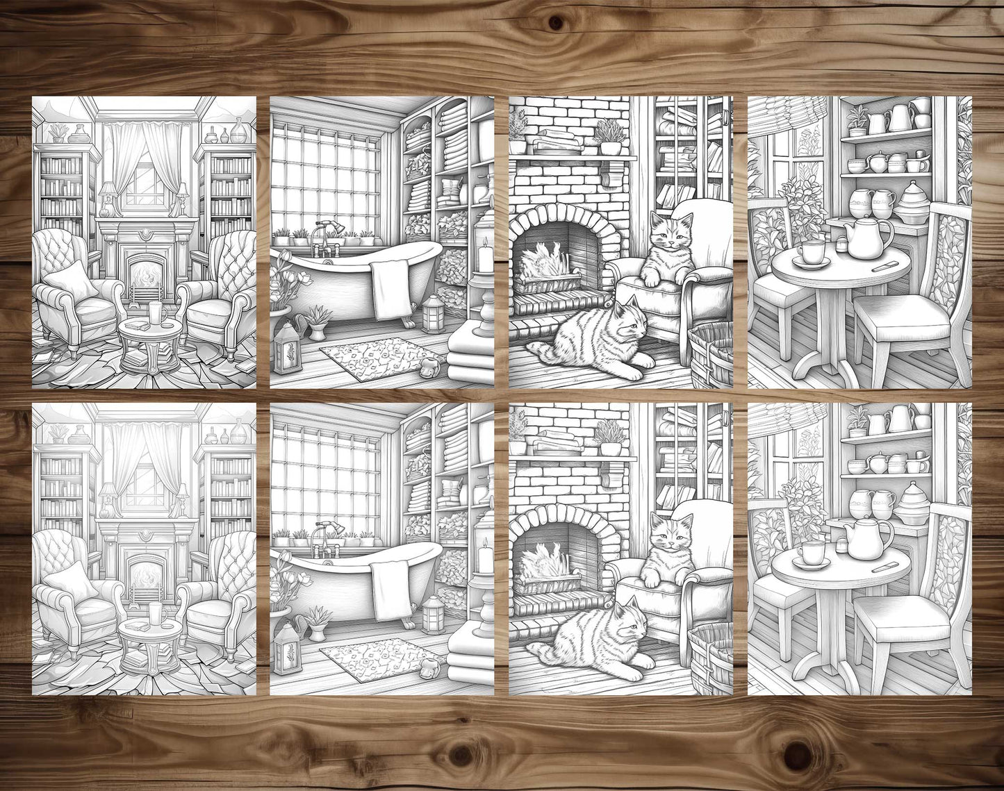 25 Cozy House Interior Grayscale Coloring Pages - Instant Download - Printable PDF Dark/Light – preview 7
