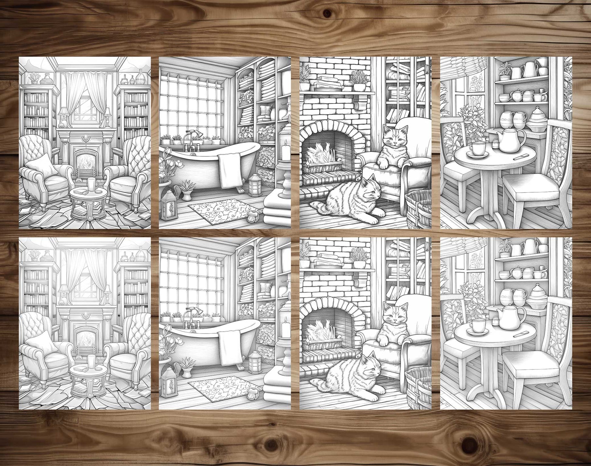 25 Cozy House Interior Grayscale Coloring Pages - Instant Download - Printable PDF Dark/Light – preview 7