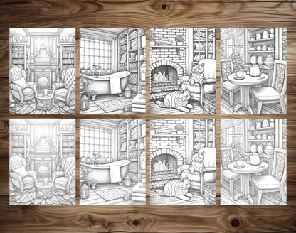 25 Cozy House Interior Grayscale Coloring Pages - Instant Download - Printable PDF Dark/Light – preview 7