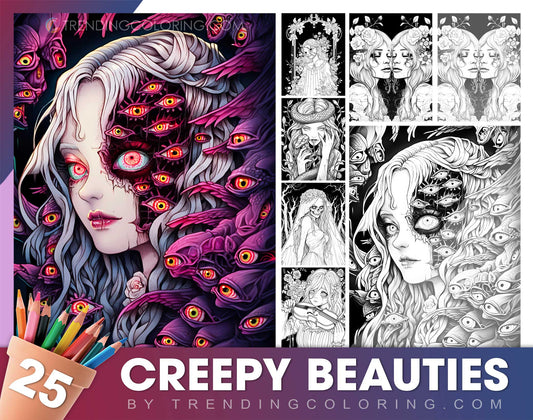 25 Creepy Beauties Grayscale Coloring Pages - Halloween Coloring - Instant Download - Printable PDF Dark/Light
