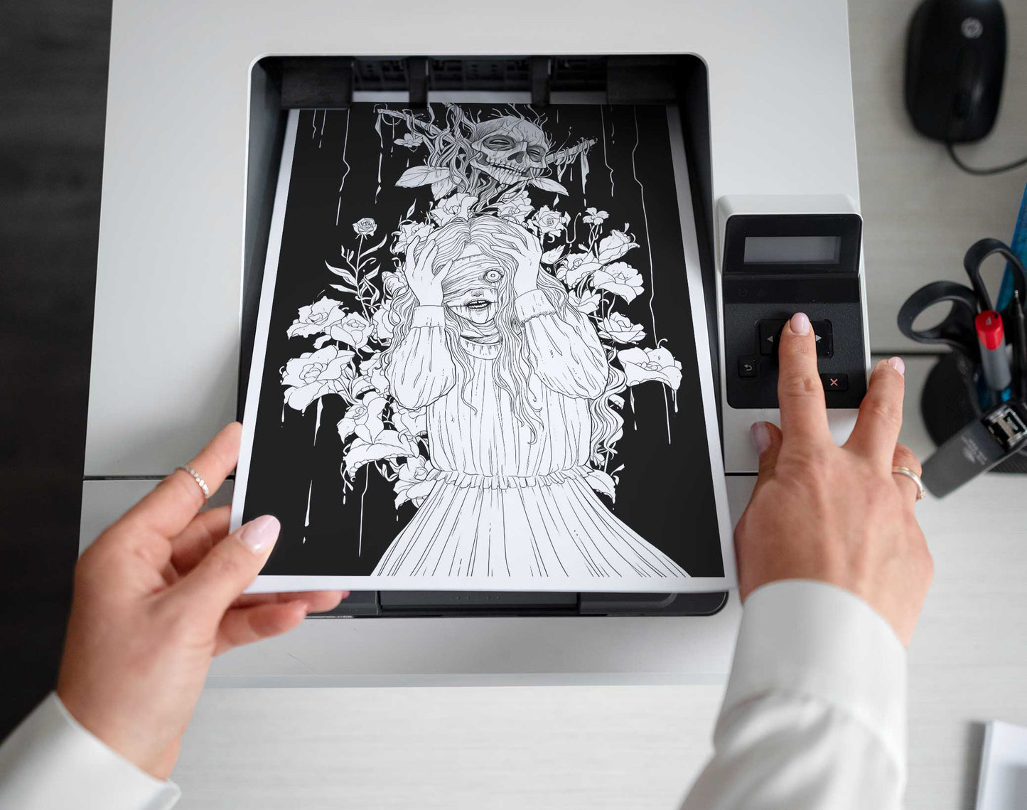 25 Creepy Beauties Grayscale Coloring Pages - Halloween Coloring - Instant Download - Printable PDF Dark/Light – preview 2