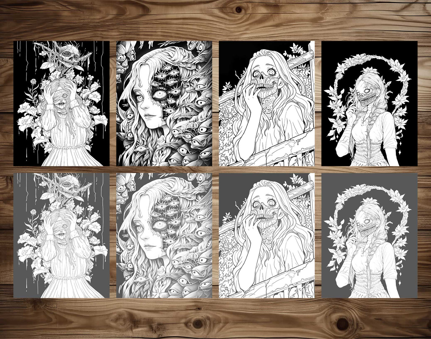 25 Creepy Beauties Grayscale Coloring Pages - Halloween Coloring - Instant Download - Printable PDF Dark/Light – preview 3