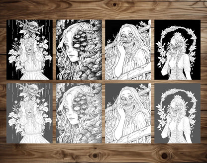 25 Creepy Beauties Grayscale Coloring Pages - Halloween Coloring - Instant Download - Printable PDF Dark/Light – preview 3