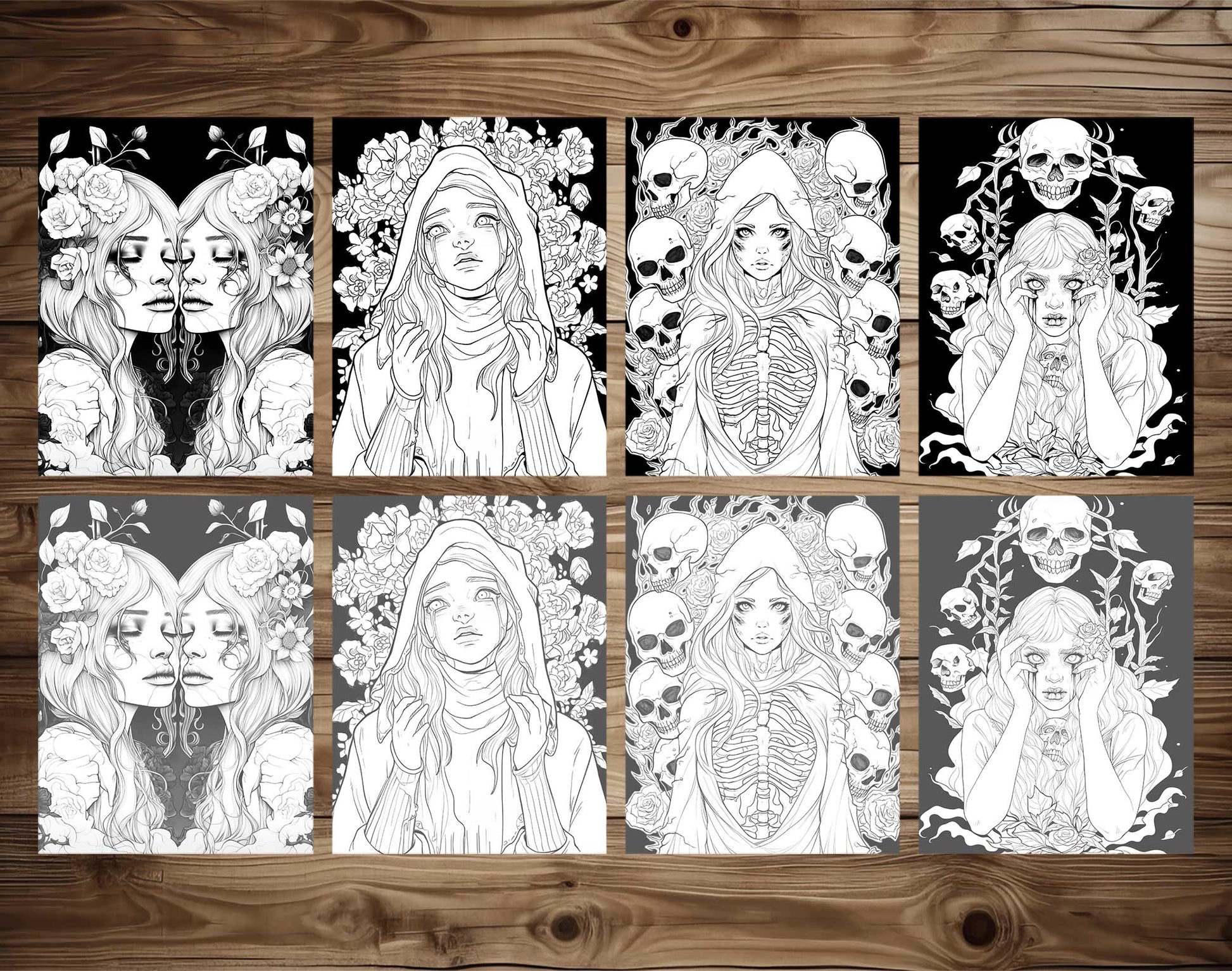 25 Creepy Beauties Grayscale Coloring Pages - Halloween Coloring - Instant Download - Printable PDF Dark/Light – preview 4