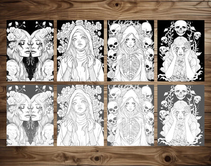 25 Creepy Beauties Grayscale Coloring Pages - Halloween Coloring - Instant Download - Printable PDF Dark/Light – preview 4