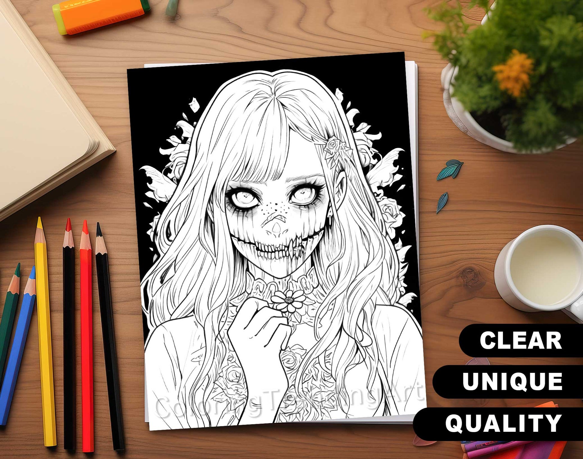 25 Creepy Beauties Grayscale Coloring Pages - Halloween Coloring - Instant Download - Printable PDF Dark/Light – preview 5