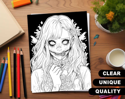25 Creepy Beauties Grayscale Coloring Pages - Halloween Coloring - Instant Download - Printable PDF Dark/Light – preview 5