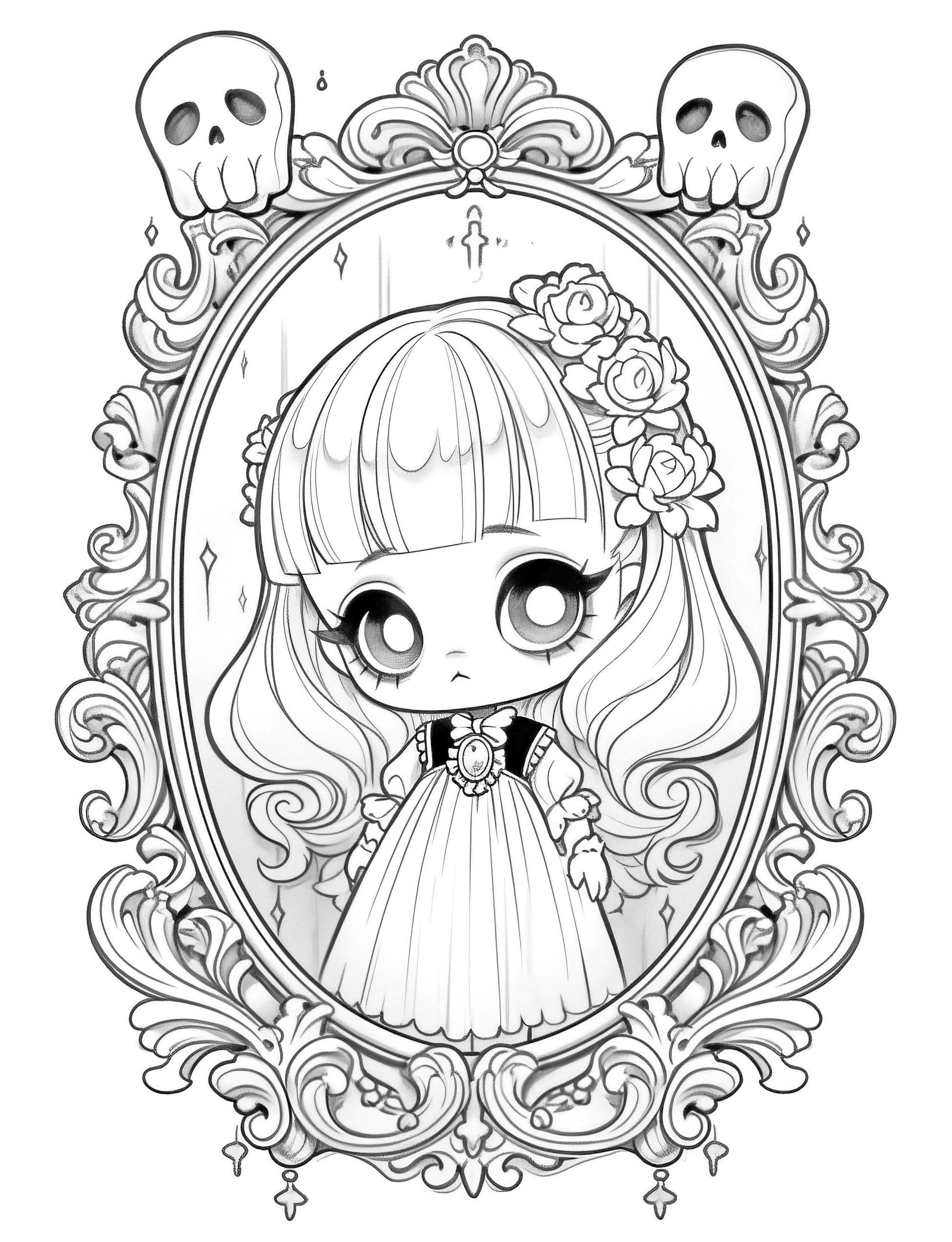 25 Creepy Kawaii Grayscale Coloring Pages - Halloween Coloring - Instant Download - Printable PDF Dark/Light – preview 10