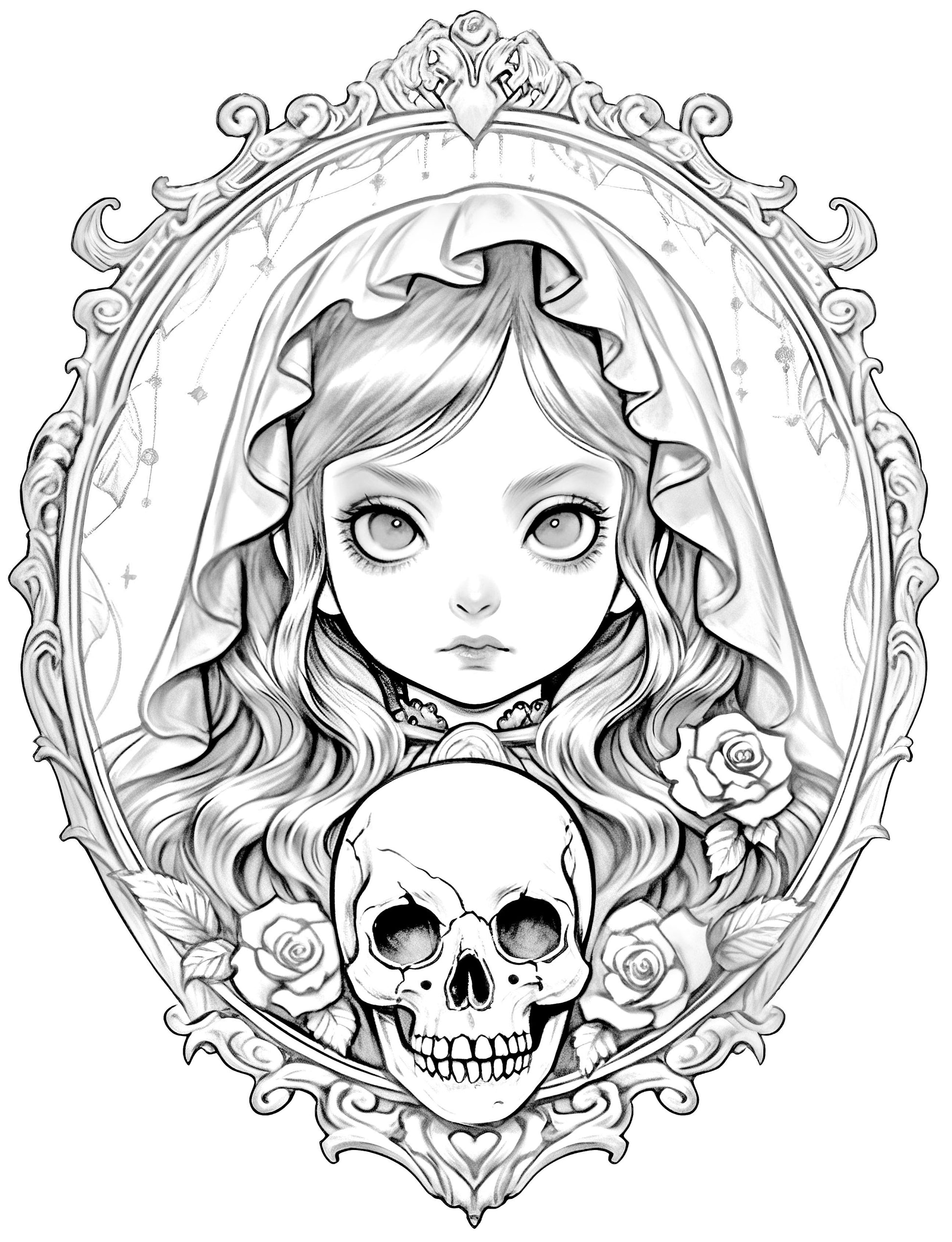 25 Creepy Kawaii Grayscale Coloring Pages - Halloween Coloring - Instant Download - Printable PDF Dark/Light – preview 12