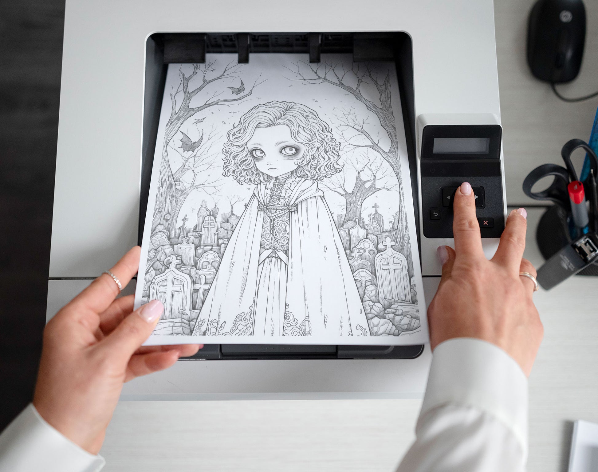 25 Creepy Kawaii Grayscale Coloring Pages - Halloween Coloring - Instant Download - Printable PDF Dark/Light – preview 2