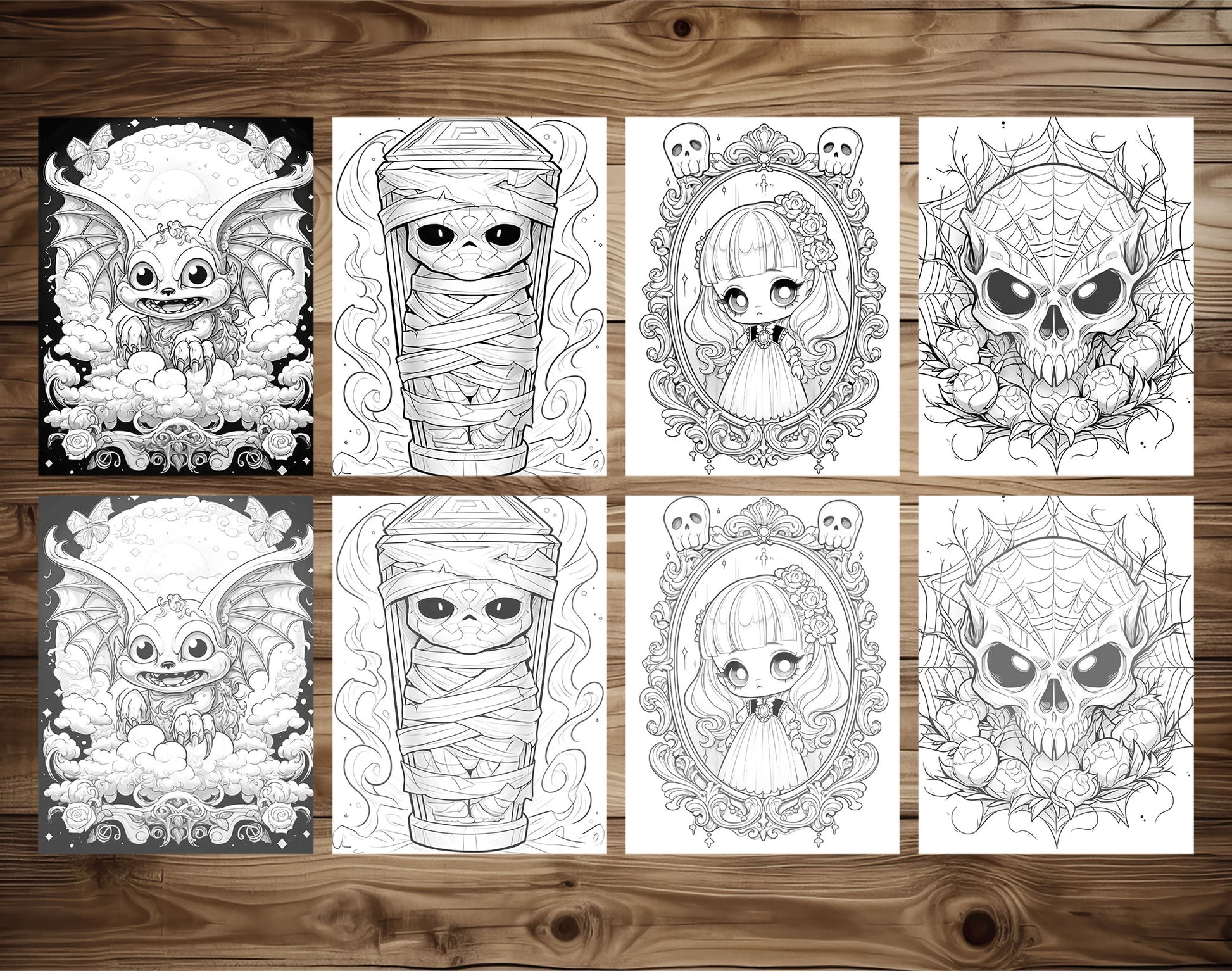 25 Creepy Kawaii Grayscale Coloring Pages - Halloween Coloring - Instant Download - Printable PDF Dark/Light – preview 3