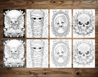 25 Creepy Kawaii Grayscale Coloring Pages - Halloween Coloring - Instant Download - Printable PDF Dark/Light – preview 3