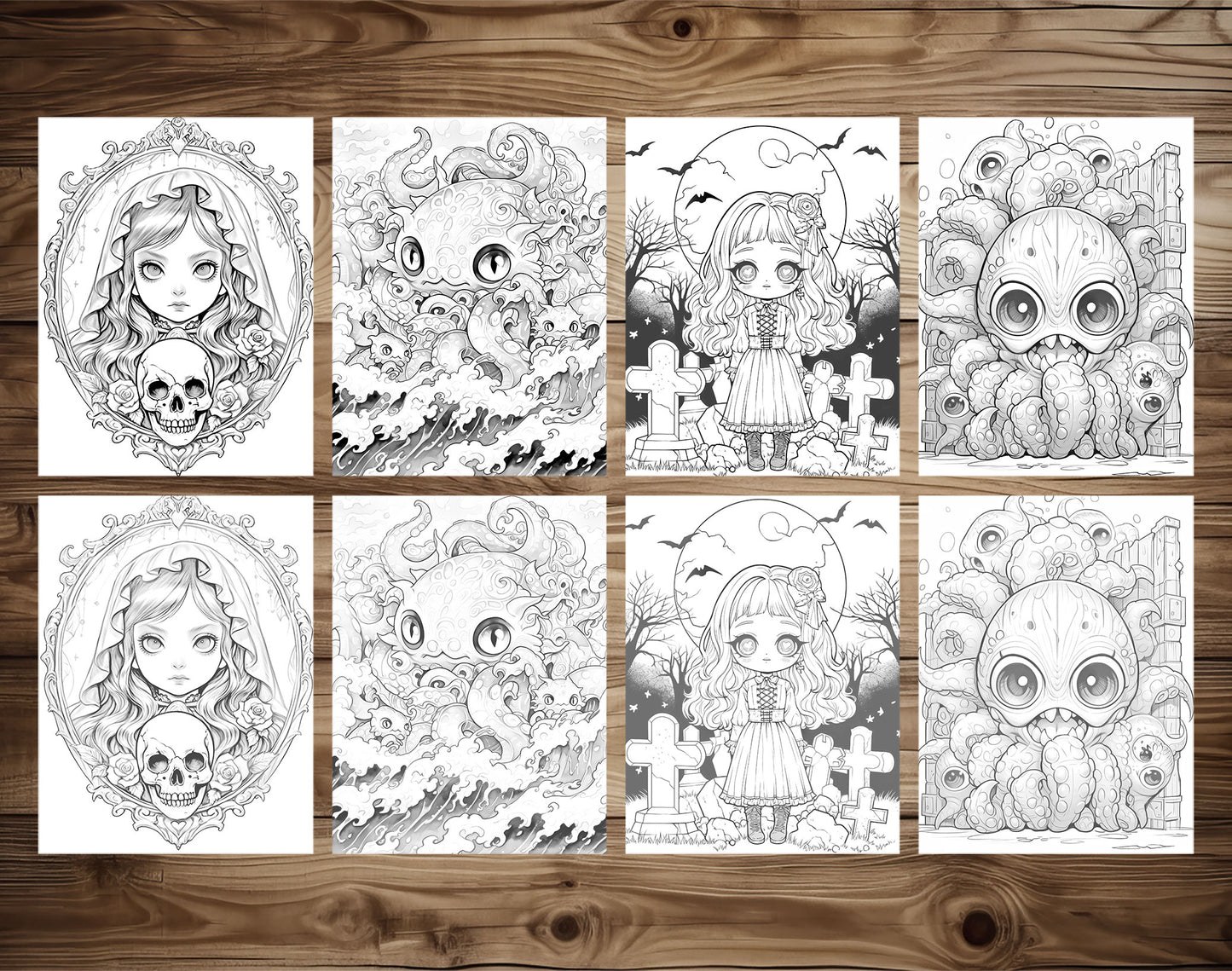 25 Creepy Kawaii Grayscale Coloring Pages - Halloween Coloring - Instant Download - Printable PDF Dark/Light – preview 4