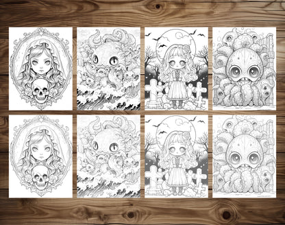 25 Creepy Kawaii Grayscale Coloring Pages - Halloween Coloring - Instant Download - Printable PDF Dark/Light – preview 4