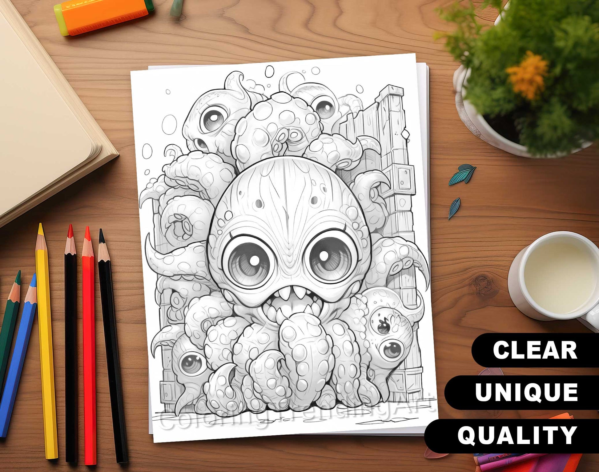 25 Creepy Kawaii Grayscale Coloring Pages - Halloween Coloring - Instant Download - Printable PDF Dark/Light – preview 5