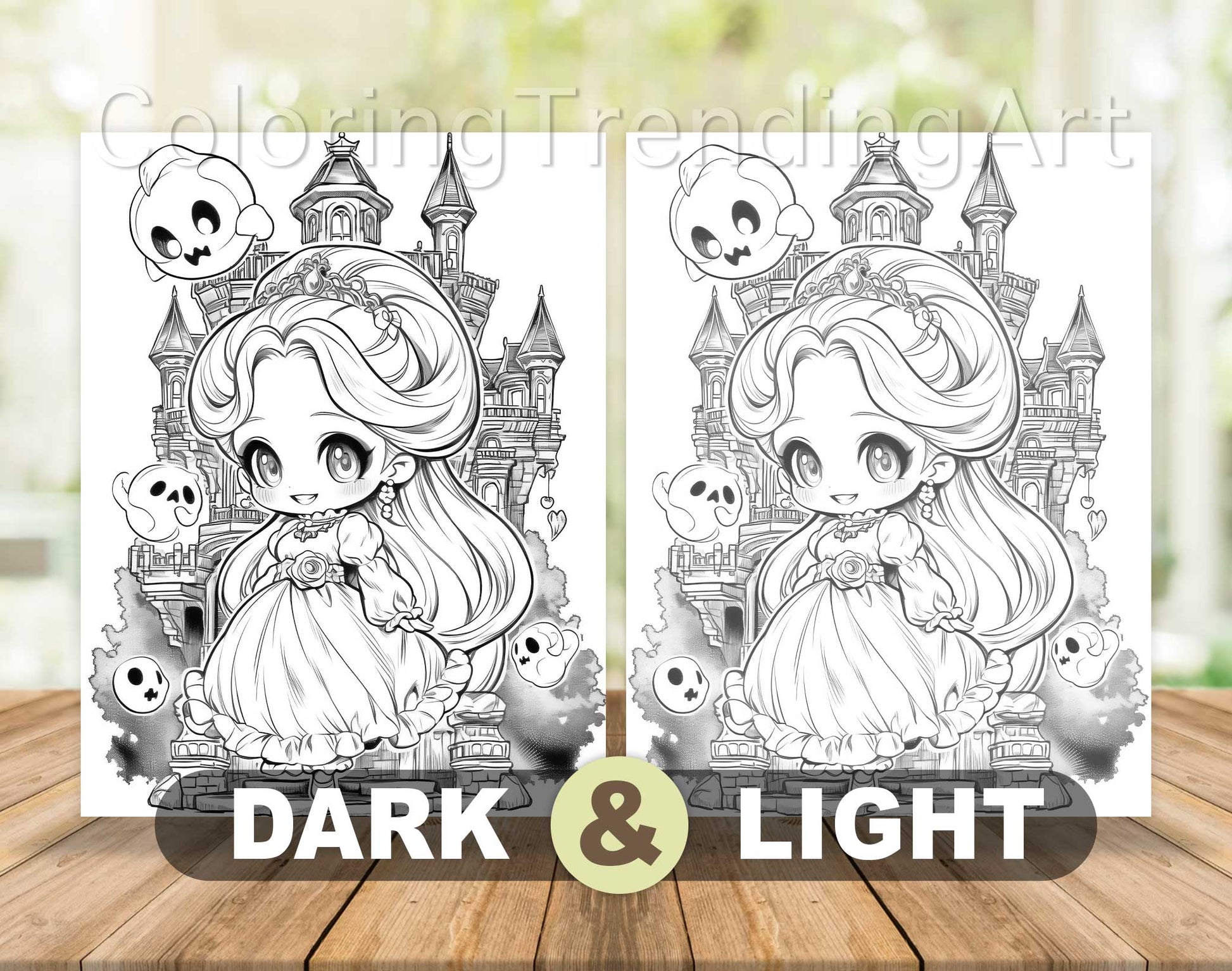 25 Creepy Kawaii Grayscale Coloring Pages - Halloween Coloring - Instant Download - Printable PDF Dark/Light – preview 7