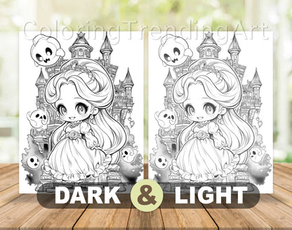 25 Creepy Kawaii Grayscale Coloring Pages - Halloween Coloring - Instant Download - Printable PDF Dark/Light – preview 7