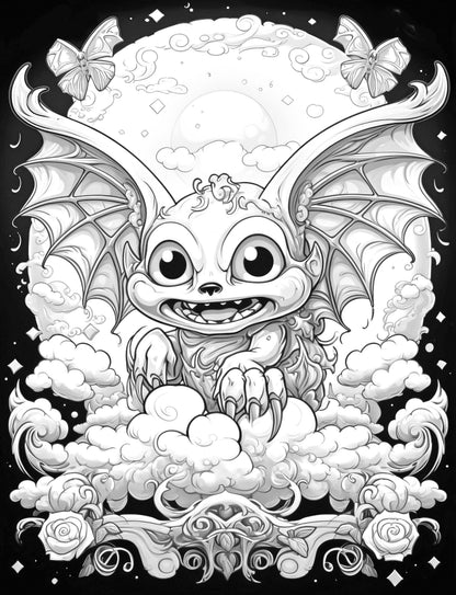 25 Creepy Kawaii Grayscale Coloring Pages - Halloween Coloring - Instant Download - Printable PDF Dark/Light – preview 8