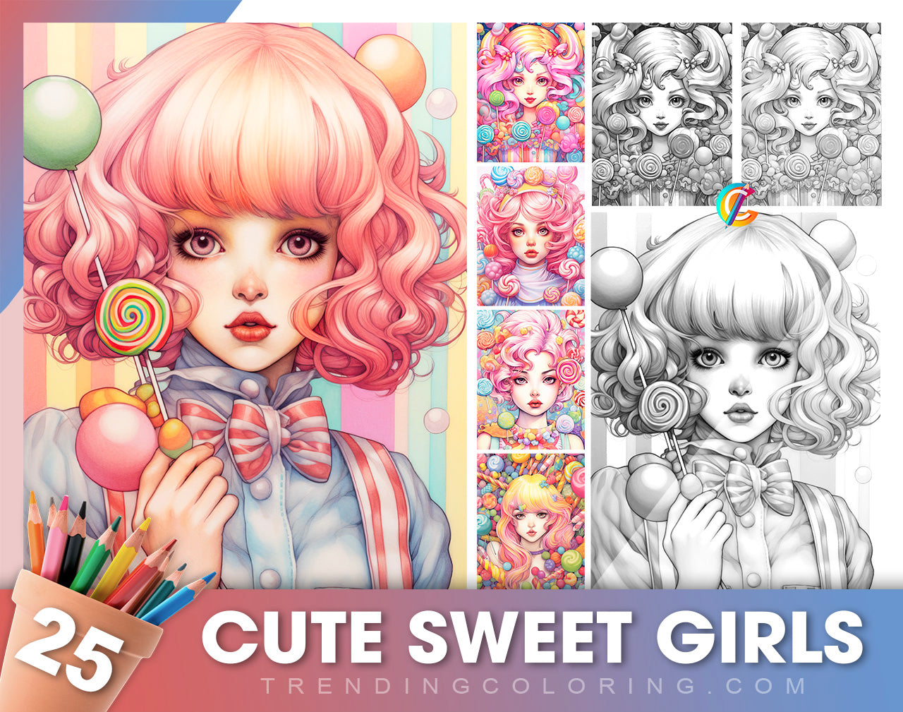 25 Cute Sweet Girls Grayscale Coloring Pages - Instant Download - Printable PDF Dark/Light