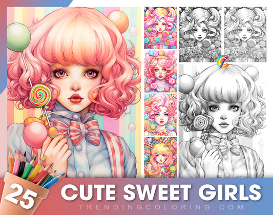 25 Cute Sweet Girls Grayscale Coloring Pages - Instant Download - Printable PDF Dark/Light