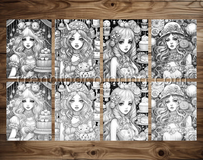 25 Cute Sweet Girls Grayscale Coloring Pages - Instant Download - Printable PDF Dark/Light – preview 4