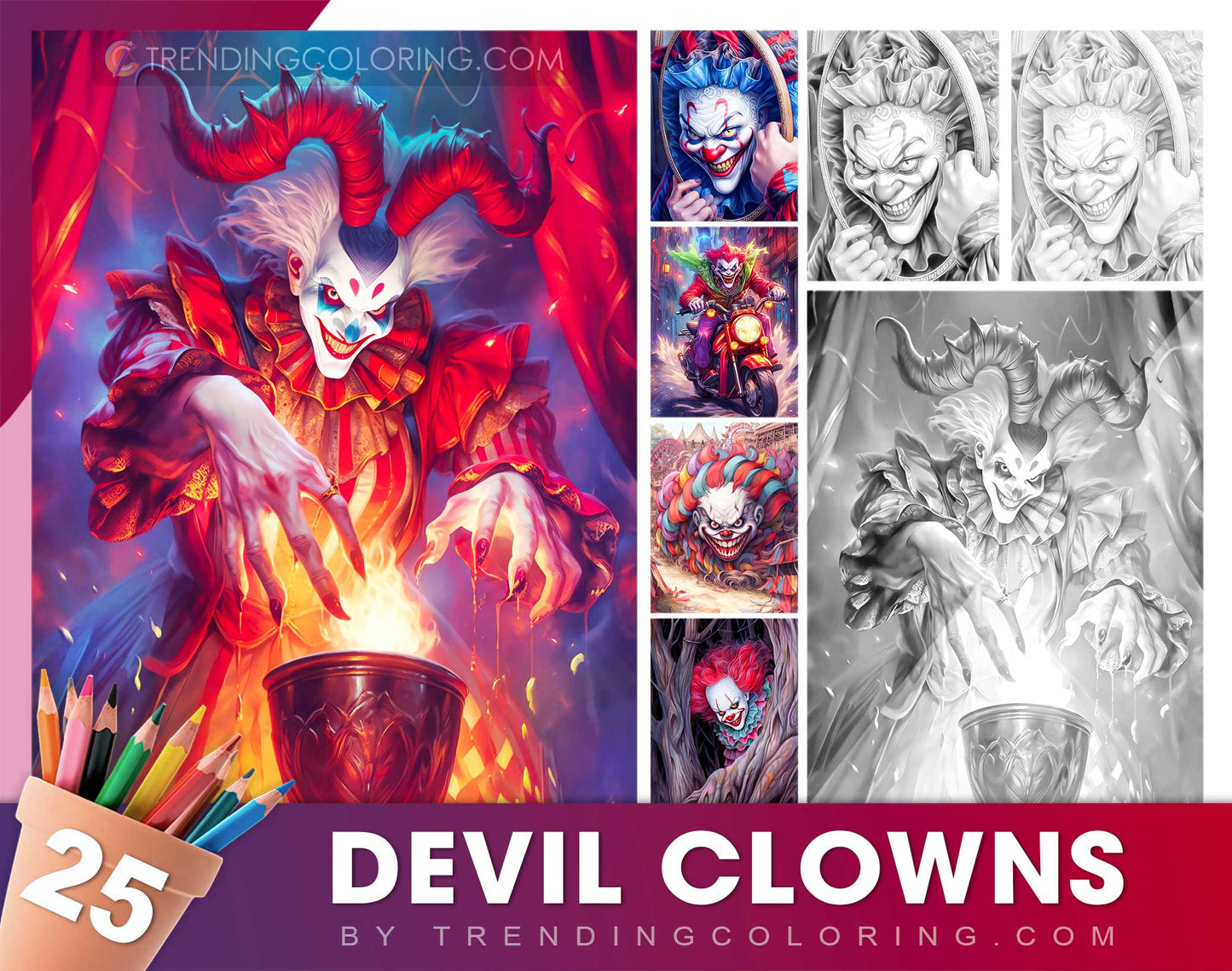 25 Devil Clowns Grayscale Coloring Pages - Halloween Coloring - Instant Download - Printable PDF Dark/Light